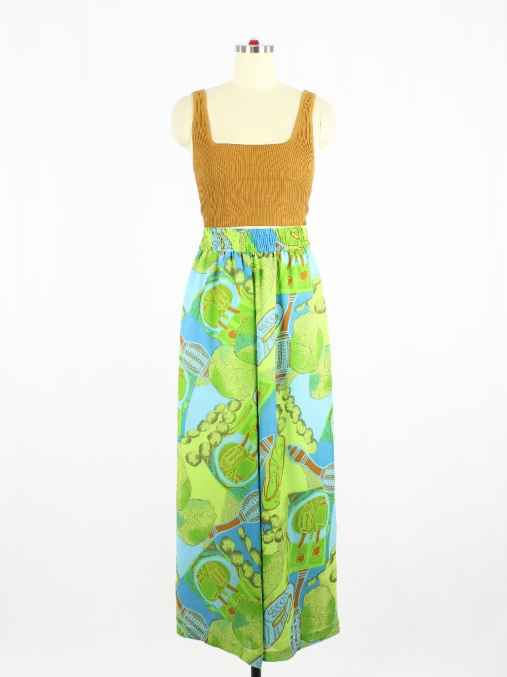 Vintage 90's JACQUES VERT Green Graphic Print Chiffon Wide Leg Pants, Size 8